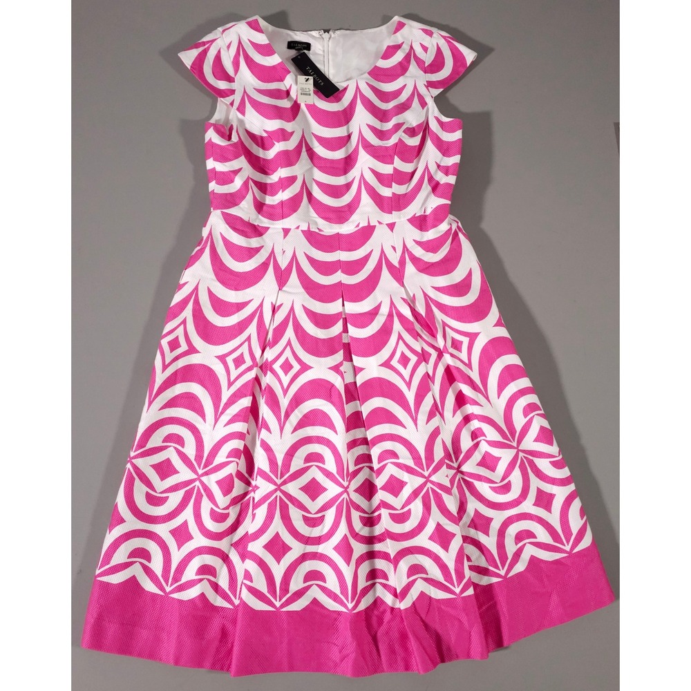Talbots Fit & Flare Dress Womens 6 Pink White Scallop Geometric Cap Sleeve NWT